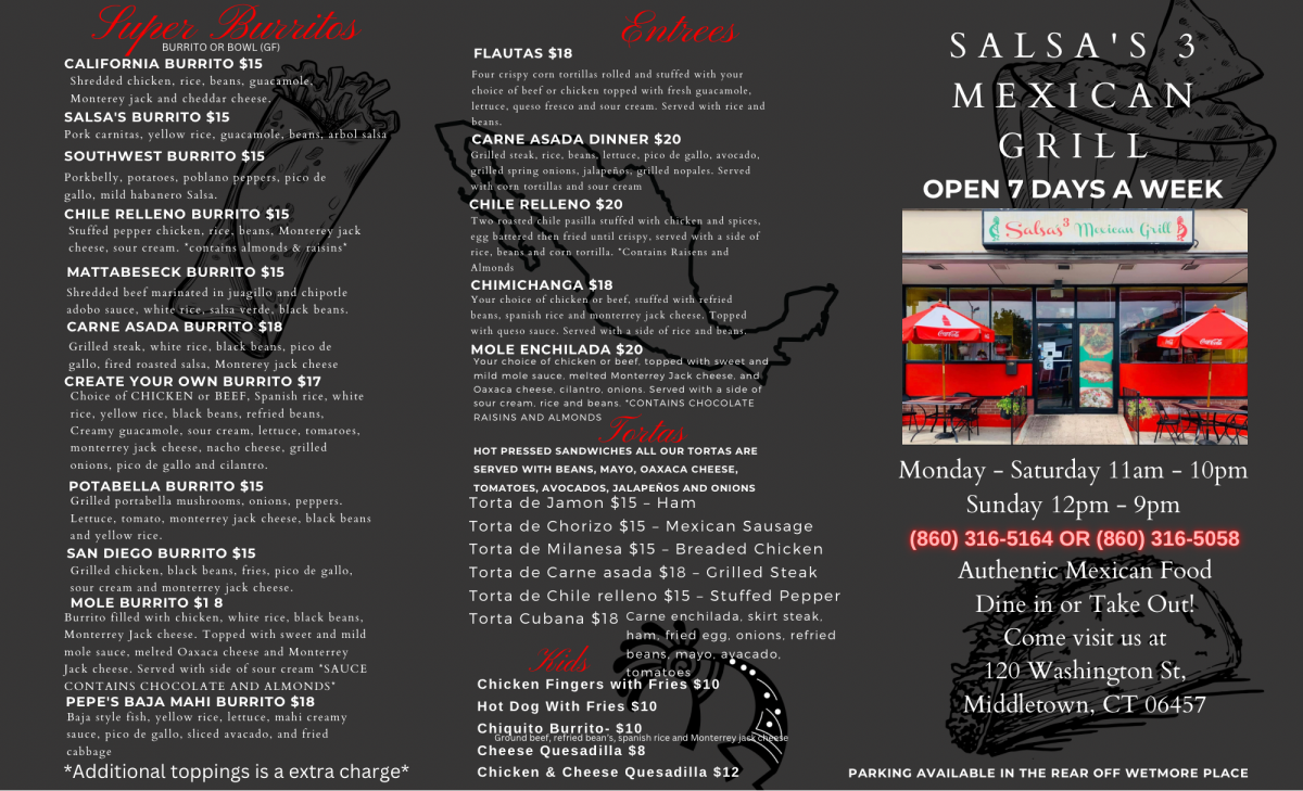 Menu Salsa's 3 Authentic Mexican Restraurant Dine in or Take out